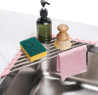 Tomorotec Foldable Stainless Steel Triangle Roll-Up Dish Drying Rack for Small Sink Corners - Over-The-Sink Multipurpose Kitchen Drainer, Rustproof Organizer, Trivet and Shelf - Space-Saving (Black)