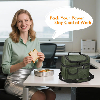Tirrinia Reusable Lunch Box for Men Women, Insulated Lunch Bag Adult Work, Double Decker Leakproof Lunchbox for Office Picnic Beach—Dual Compartment Lunch Cooler Bag