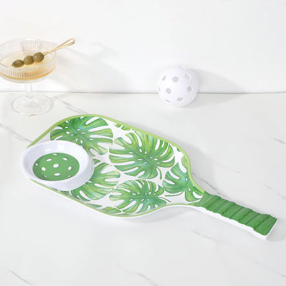 UPware Flamingo Melamine Chip and Dip Snack Tray, Tropical Floral Pickleball Paddle Shape Platter for Chips, Salsa, Fruits, and Appetizers, 15.75 x 8 Inch