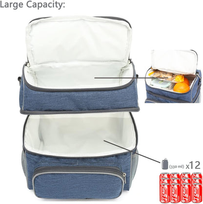 FlowFly Double Layer Cooler Insulated Lunch Bag Adult Lunch Box Large Tote Bag for Men, Women, With Adjustable Strap,Front Pocket and Dual Large Mesh Side Pockets