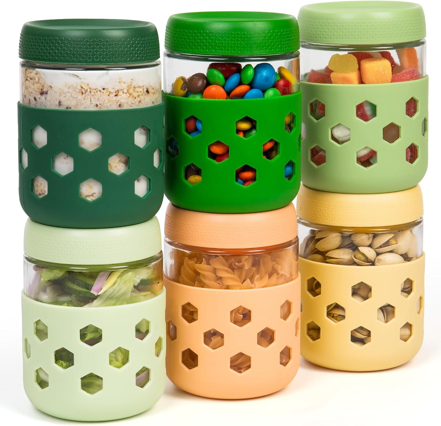 Gemice 6-Pack 10oz Glass Mason Jars with Silicone Sleeves, Airtight BPA-Free Overnight Oats Containers with Lids, Dishwasher Safe Leak-Proof Meal Prep Jars for Chia Pudding, Yogurt, Snacks
