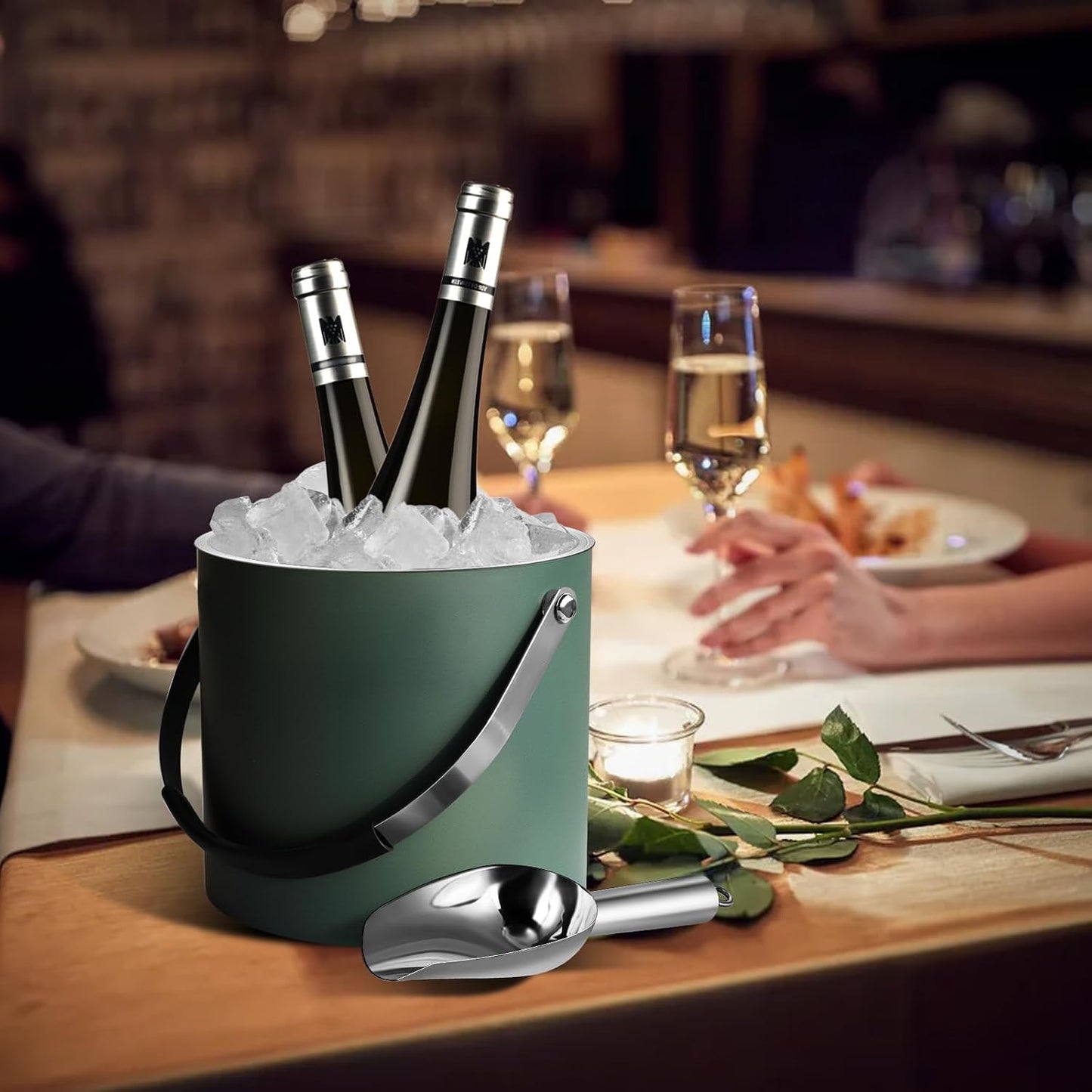 Bakpoco Insulated Ice Bucket with Silicone Lid, Scoop, Tongs & Strainer, 3L Stainless Steel Double Wall Ice Buckets for Parties & Cocktail Bar, Champagne Ice Bucket with Lid for Freezer, Ivory