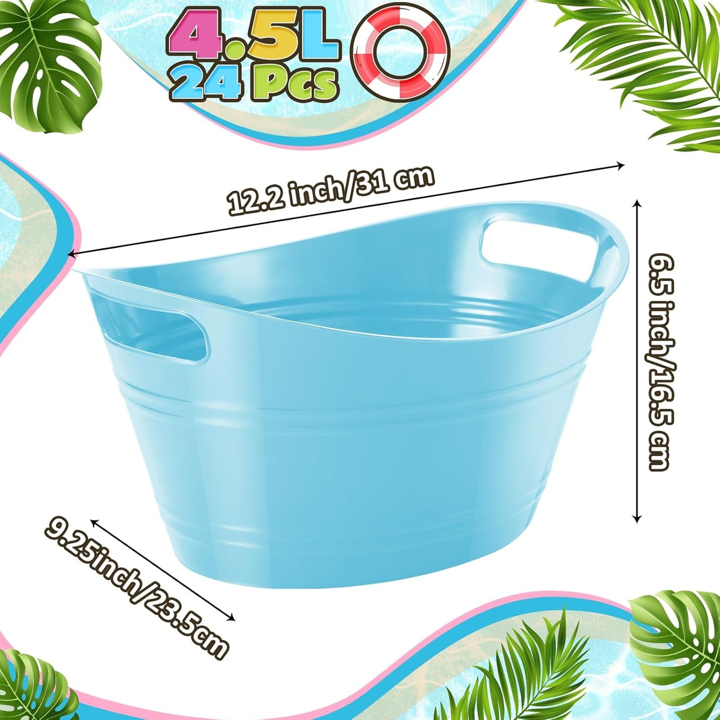 Norme 24 Pcs Oval Storage Tub with Handles, 4.5l Plastic Ice Buckets Bulk for Wine Beer Champagne Drink Cooler Beverage Storage Tub for Parties BBQ Weddings Party Outdoor Celebration(Blue & Red)