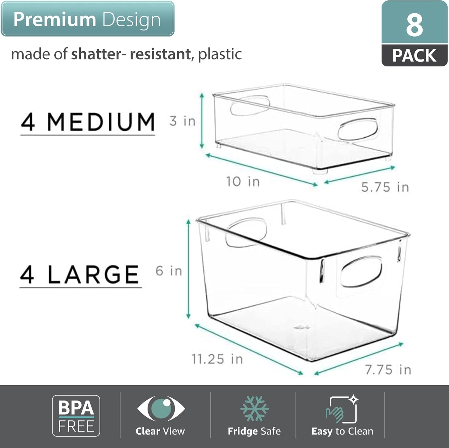 Sorbus Set of 8 Clear Fridge Organizers - Refrigerator & Pantry Bins for Organizing Food - 2 Different Sizes with Handles - Kitchen, Bathroom, & Closet Storage Containers