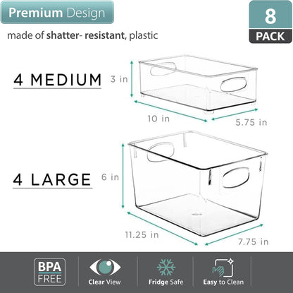 Sorbus Set of 8 Clear Fridge Organizers - Refrigerator & Pantry Bins for Organizing Food - 2 Different Sizes with Handles - Kitchen, Bathroom, & Closet Storage Containers