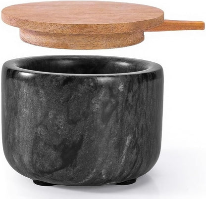 Salt and Pepper Bowl, Marble Salt Cellar and Spices Storage Container With Built-in Spoon and Acacia Wood Lid - 6.5oz Capacity (White)