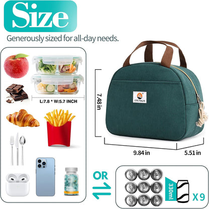 CaCTOUR Lunch Box for Women Girls Teens,Cute Lunch Box Cooler Bag, Portable Insulated Small Lunch Bag Women Reusable Corduroy Lunch Tote for Work/Travel/Picnic/School (Dog Green,Small)