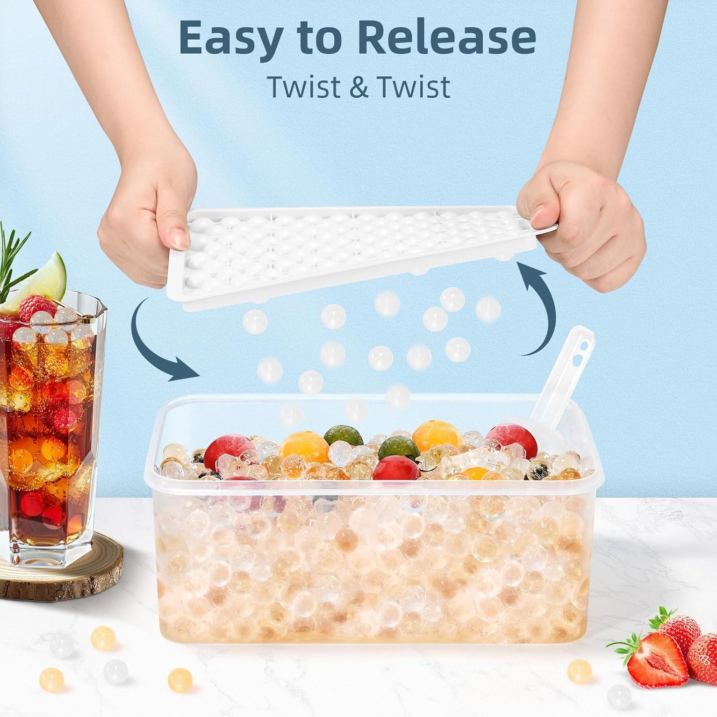 WIBIMEN Mini Ice Cube Trays, 0.55” Tiny Pebble Ice for Iced Coffee & Cocktails, Fast Chill, Easy Twist Release, Stackable with Lid & Storage Bin (2 Pack, Blue)