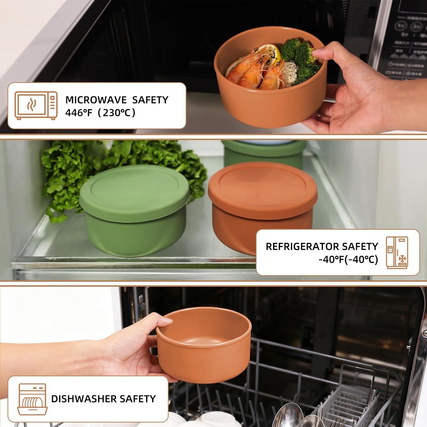 24oz Silicone Food Storage Containers,Round Bowls with Lids - Meal Prep Containers for Kitchen Serving, Salad & Lunch - Airtight, Microwave/Fridge/Dishwasher Safe, BPA-Free (Grass green, 3PACK)