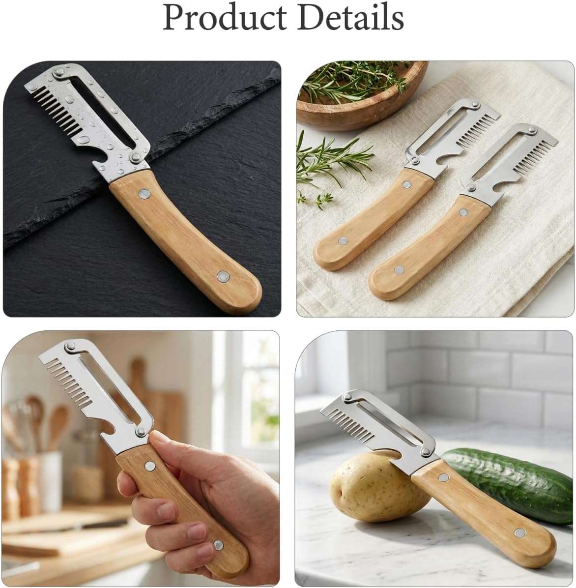 2pcs Multifunctional Vegetable Peeler Shredder, 3-in-1 Stainless Steel Julienne Peeler Tool with Bottle Opener and Non-slip Wooden Handle, Fruit Peeling Knife for Kitchen