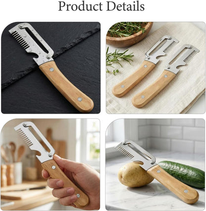 2pcs Multifunctional Vegetable Peeler Shredder, 3-in-1 Stainless Steel Julienne Peeler Tool with Bottle Opener and Non-slip Wooden Handle, Fruit Peeling Knife for Kitchen