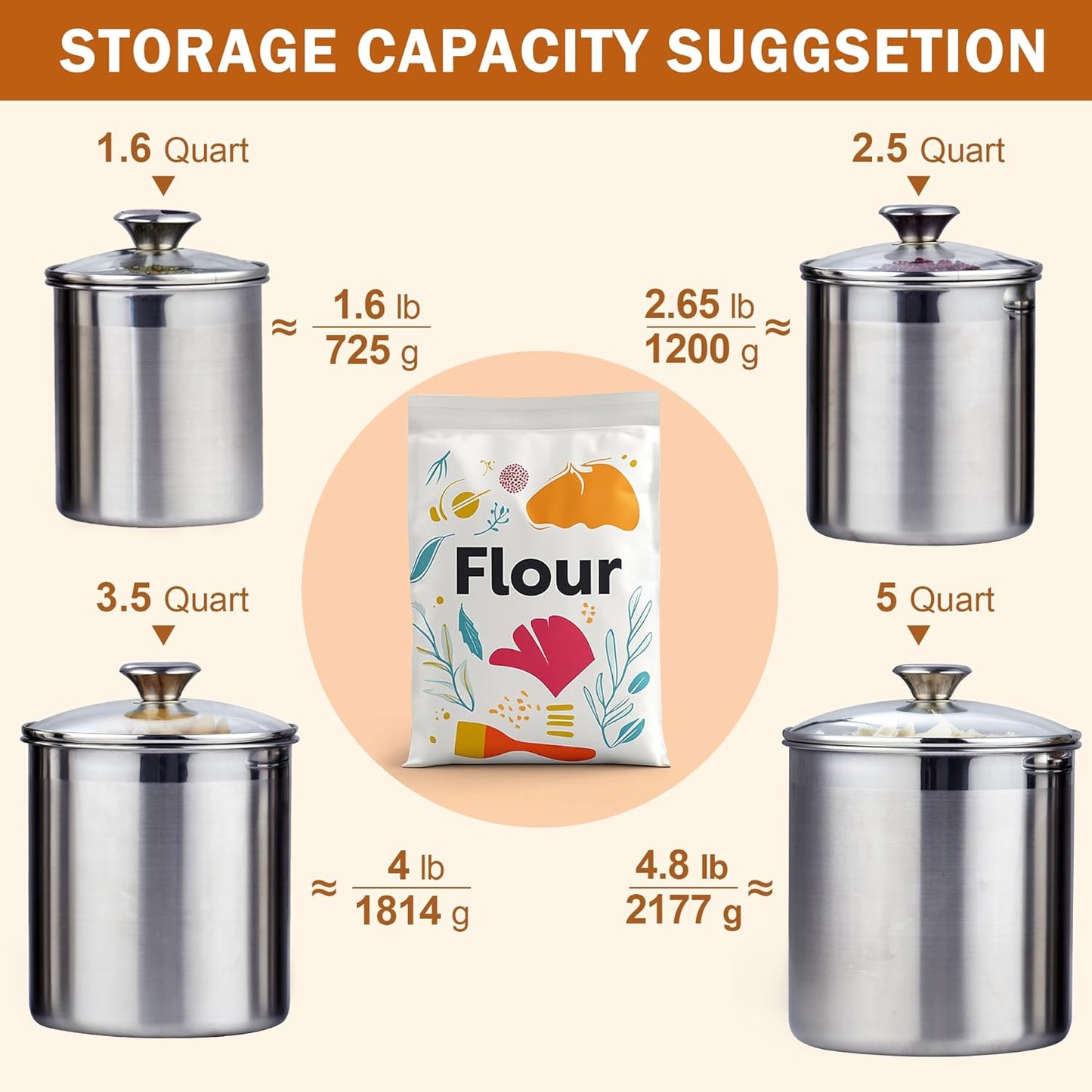 Cooks Standard Classic Stainless Steel Food Jar Storage Canister Set Medium, Airtight Containers with Glass Lid for Tea Coffee Sugar Flour Pantry Kitchen Counter, 4-Piece