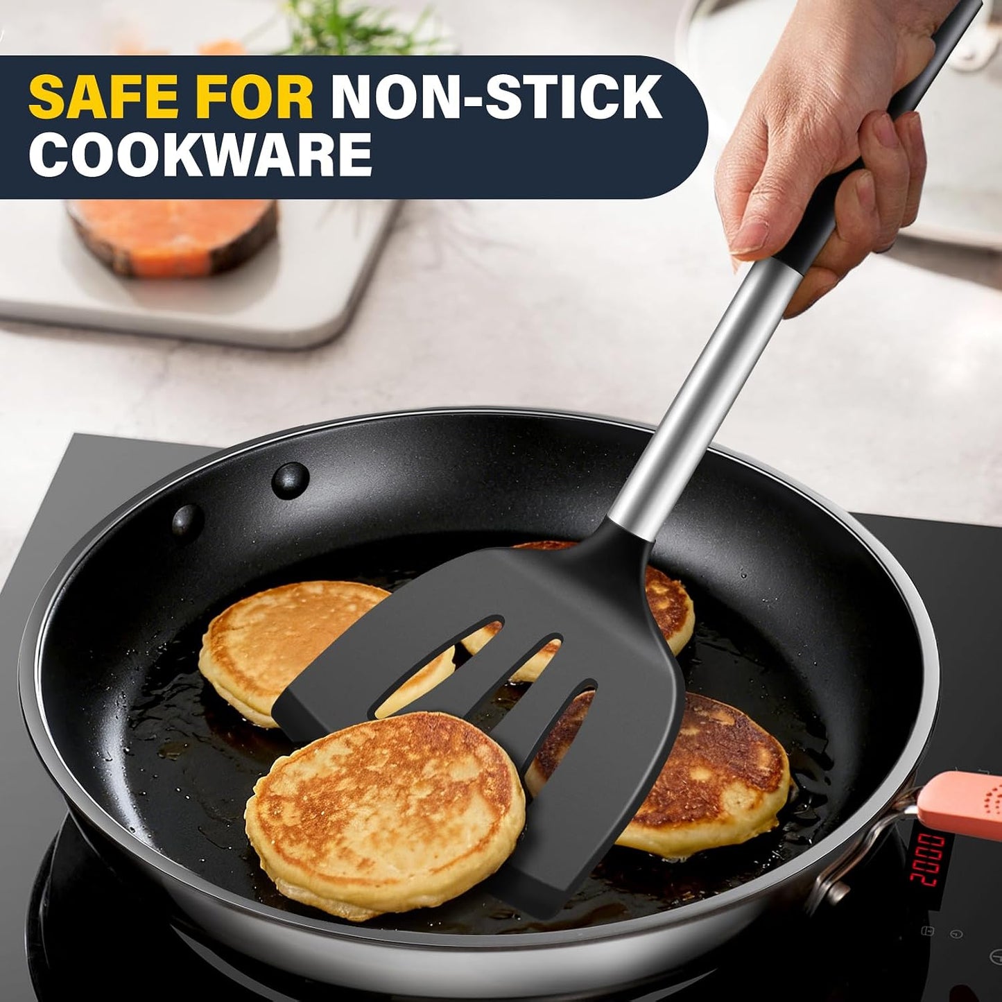 Silicone Spatula Set, Heat Resistant Solid & Slotted Turner for Non-Stick Pans, Silicone Cooking Utensils Set, BPA-Free, Flexible Spatula Turner for Flipping Eggs, Burgers, Pancakes, Black, 3 PCS-A