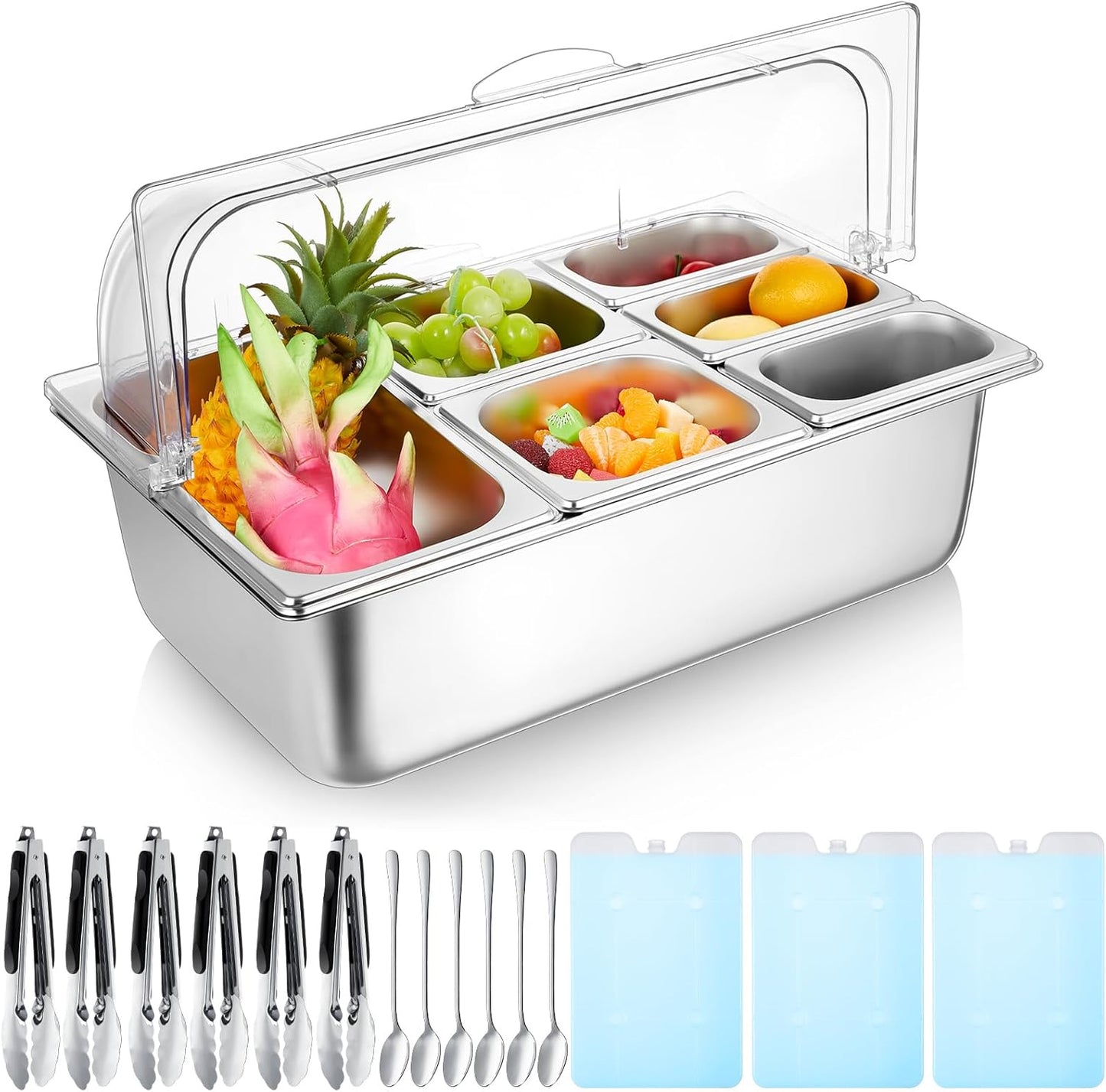 Condiment Tray Stainless Steel Serving Display Set with Lid for Buffet Restaurant Kitchen, Food Chilled Container for Salad Fruit Condiments, Keeps Food Fresh with Ice Box(6 Compartments)