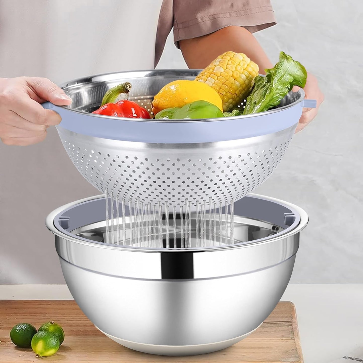 HaWare Mixing Bowl with Colander, 4-1 Stainless Steel Bowl Set with Lids & 3 Pcs Nesting Graters, Rotatable Food Strainer for Rinsing Fruits Vegetables, Non-Slip Bottom, Black