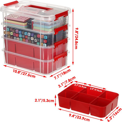 JUXYES 4-Tiers Plastic Stack Carry Storage Containers Box wih Handle Lids | Clear Stackable Latching Storage Bin With 2 Tray for School Office, Organizing Sewing, Art Craft, DIY Supplies, Blue