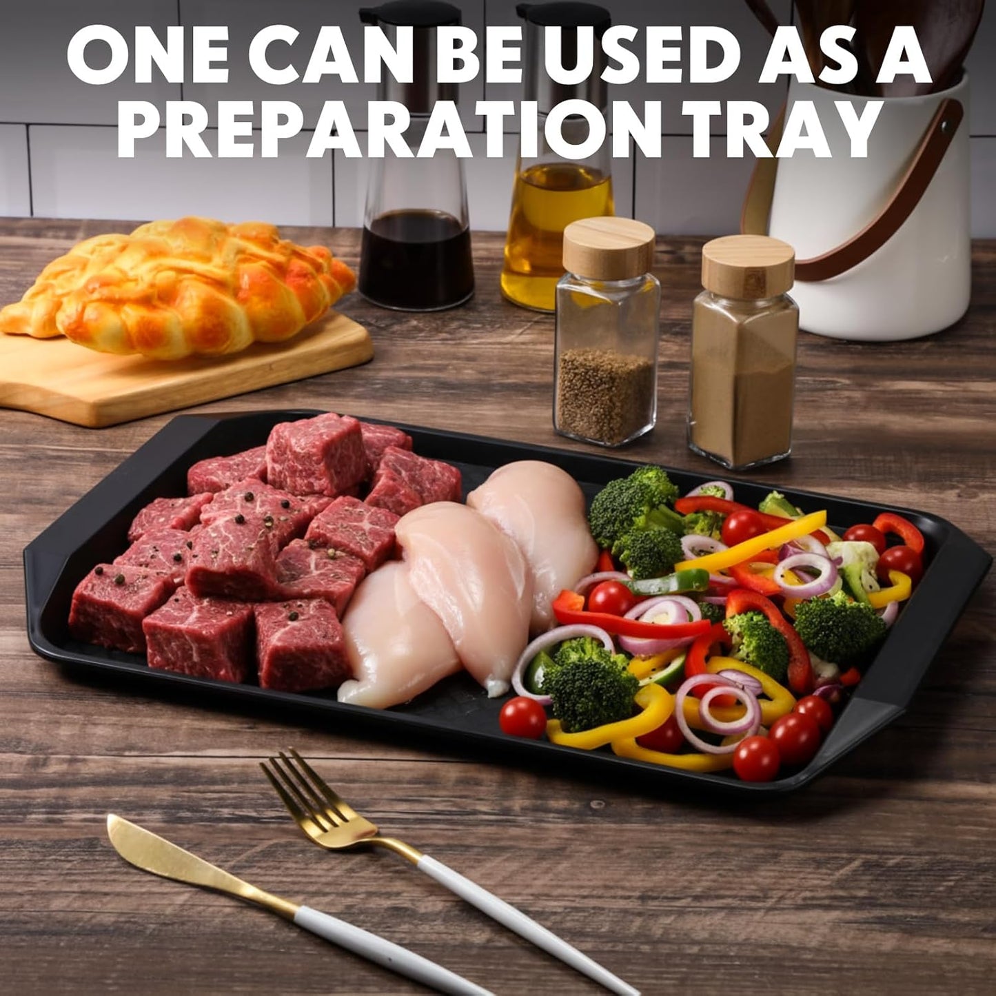 DoubleFill Set of 4 Grilling Prep and Serve Trays, 17x12 Inch 14x10 Inch Large BBQ Platter for Raw and Cooked Food Plastic Grill Tray, Black and Red Stackable Defrosting Grill Prep and Carry System