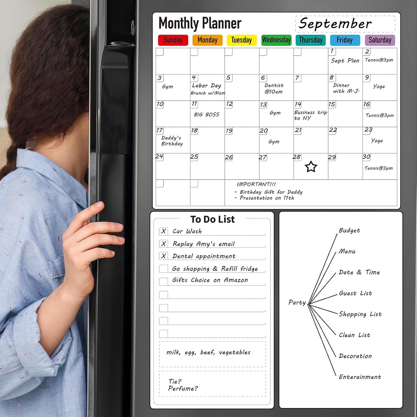ZazzyKid Magnetic Dry Erase Calendar for Fridge: Pack of 3-14.6” x 11.6” Magnetic Monthly Planner + 7.3” x 11.6” To Do List Pad & Fridge Whiteboard
