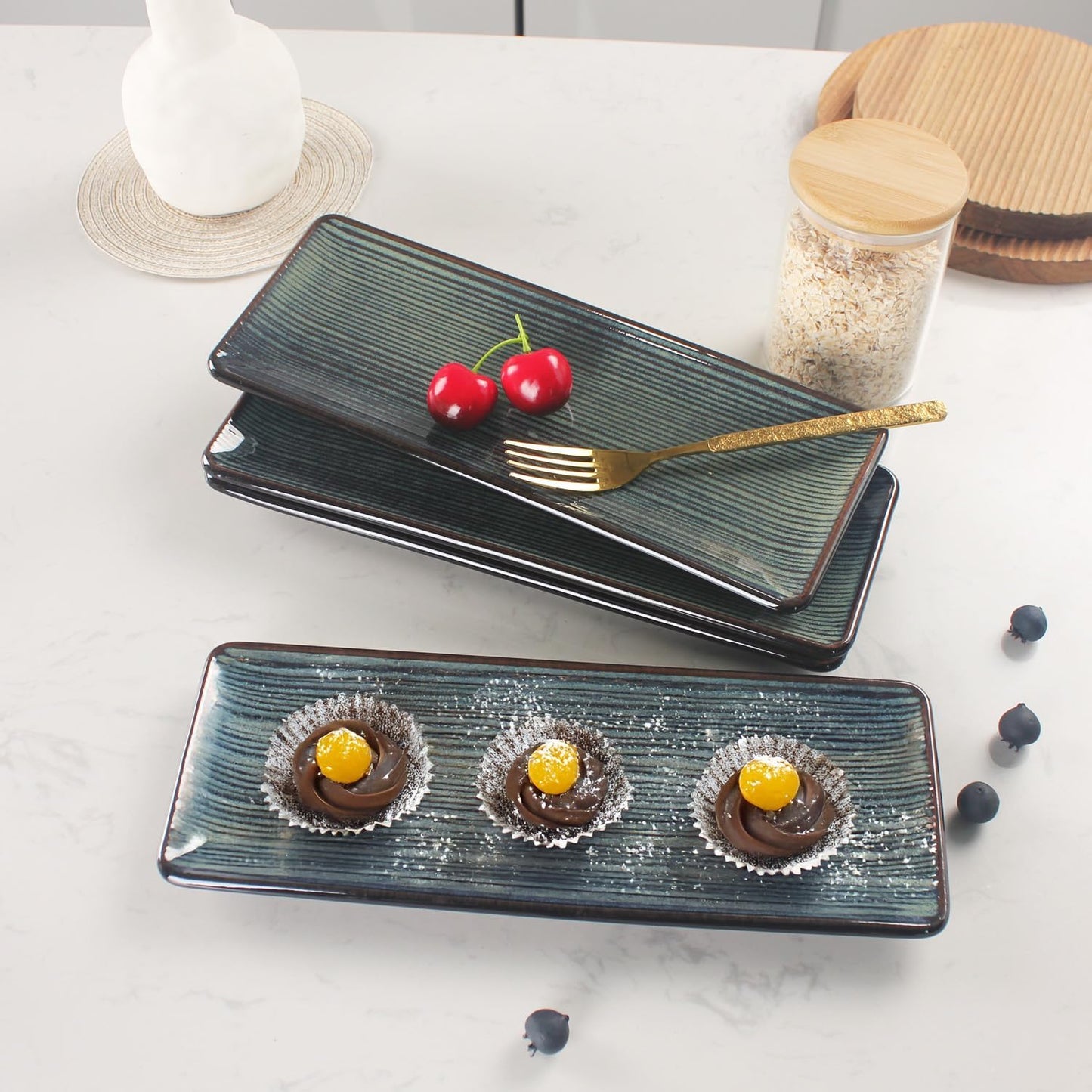 Porcelain Rectangular Plates, Large Cookie Trays, Set of 4, Shatterproof, Dishwasher-Safe, Perfect for Sushi, Baguettes, Snacks, Appetizers, Rolls, or Table Centerpieces.