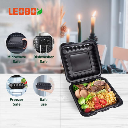 Takeout Container Mineral Filled PP Plastic - 7.8 Inch 30oz 65 Pack BPA Free 3 Compartments Shrink Wrap Bento Box | Freezer & Microwave Safe for Picnic | Black Reusable & Disposable Containers