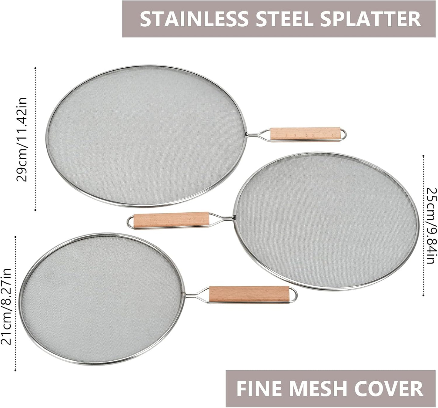 3 Pieces Grease Splatter Screen for Frying Pan, 21/25.5/29cm, with Wooden Handle