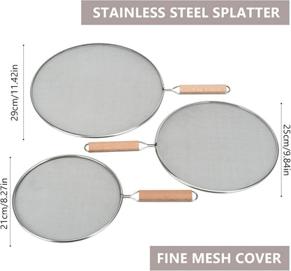 3 Pieces Grease Splatter Screen for Frying Pan, 21/25.5/29cm, with Wooden Handle