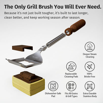 East Oak Bristle-Free Grill Brush, 2mm Thick Stainless Steel Rod, Heat-Resistant Aramid Sponge Head (900°F), Steam Cleaning Brush with Scraper, Safe for Cast Iron & Stainless Steel Grates