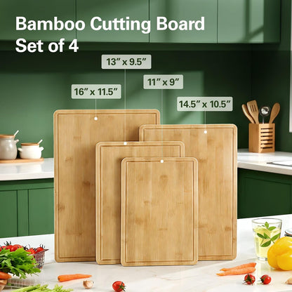 Zarler Bamboo Cutting Boards for Kitchen, 3 Piece Durable Wood Cutting Board with Juice Grooves and Handles, Wooden Chopping Board Set for Meal Prep, XL Size, Ideal Kitchen Gift