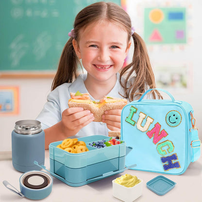 Insulated Lunch Bag for Boys Girls with 10oz Thermo, with 6 Compartment Bento Box, Black Nylon Preppy Lunch Box Adjustable Strap for Boy Girl Kids Teens School Travel Picnic