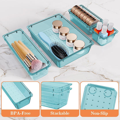 SpaceHacks 25 PCS Plastic Drawer Organizer Set, 4-Size Versatile Organizer Tool Trays & storage Bins for Makeup, Jewelry, and Gadgets in Bathroom, Bedroom and Office,Clear Black