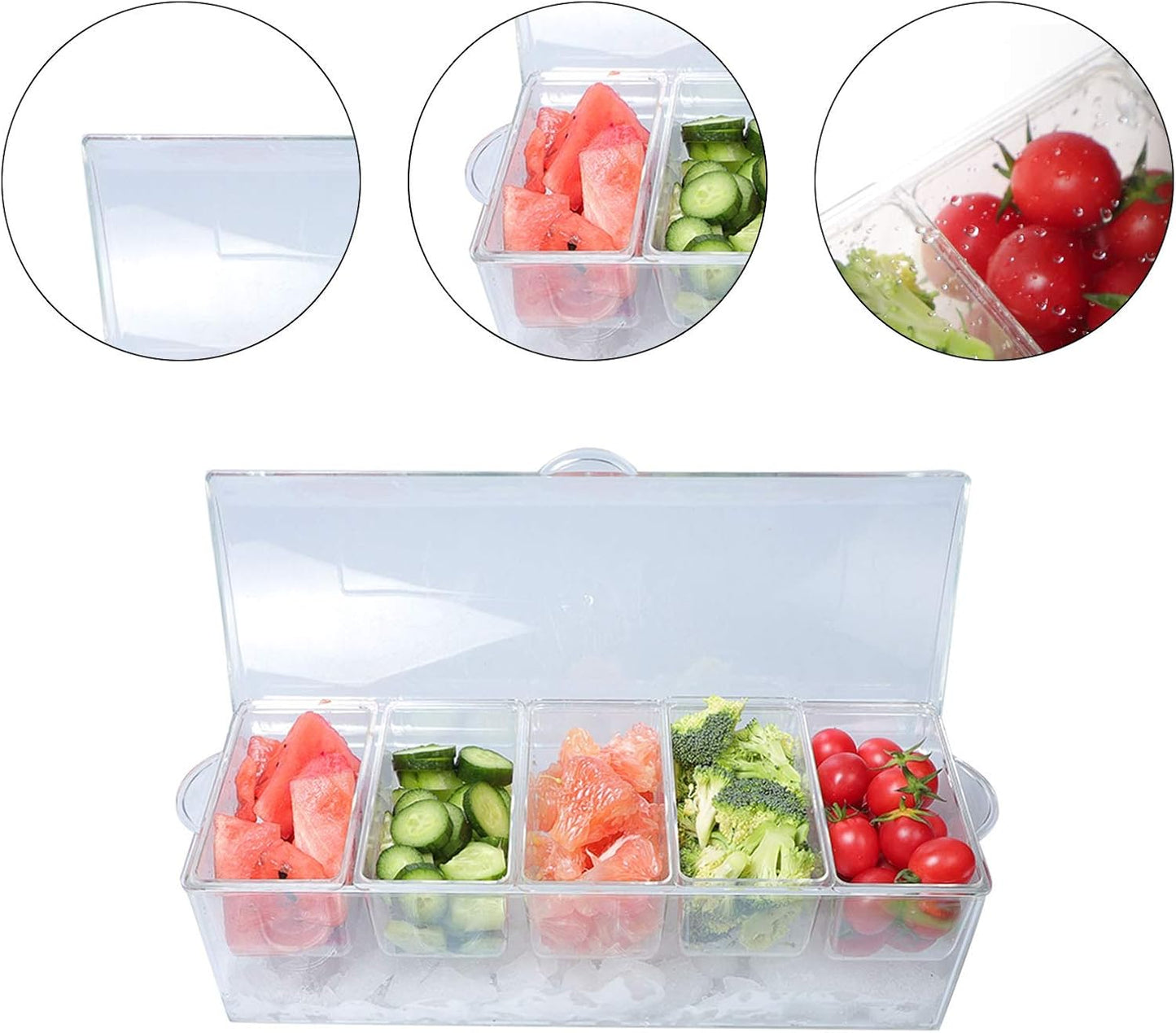 MorTime Ice Chilled Condiment Server with 5 Removable Compartments, Clear Sauce Caddy Serving Tray Container with Lid, 3 Serving Spoons & 3 Tongs Included