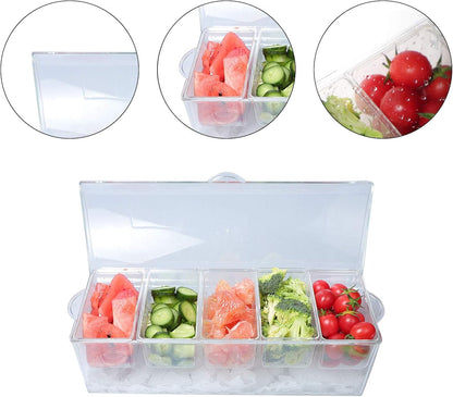 MorTime Ice Chilled Condiment Server with 5 Removable Compartments, Clear Sauce Caddy Serving Tray Container with Lid, 3 Serving Spoons & 3 Tongs Included