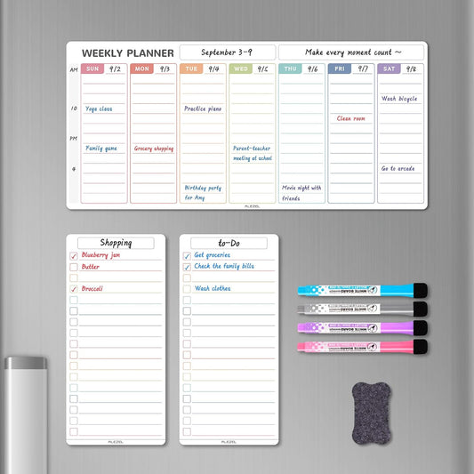 ALEZEL Magnetic Dry Erase Weekly Planner for Fridge - Refrigerator Whiteboard Weekly Calendar Set, Includes 2 List Boards, 4 Markers & Eraser, Colorful
