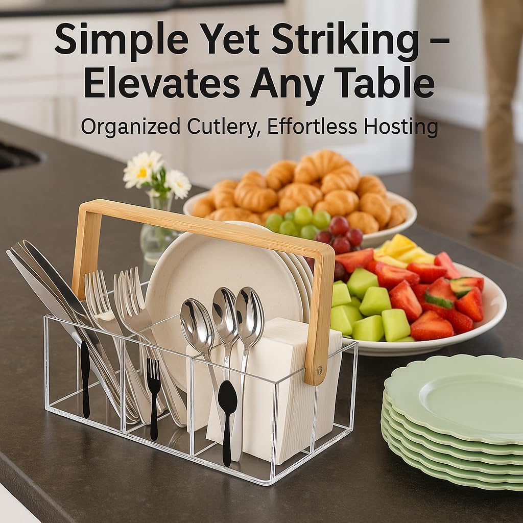Acrylic Utensil Caddy with Bamboo Handle, Clear Silverware Organizer with Labeled Compartments & Plate Holder, Portable Cutlery Holder for Kitchen Counter, Buffet, Picnic, Party