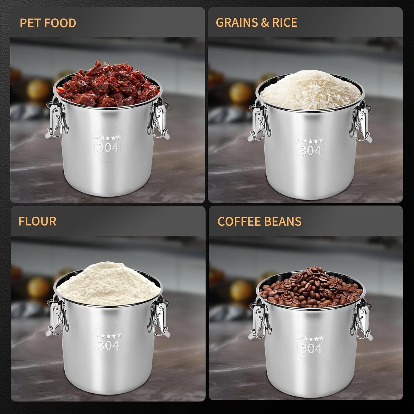 21L/5.6GAL and 12L/3.2GAL Stainless Steel Airtight Canister, Food Storage Canisters with Lid&Locking Clamp for Rice Flour Sugar Grain Coffee Bean Storage Containers (12L & 21L,2 CANISTERS)