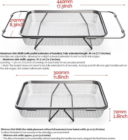 WAGENSTEIGER Extendable Dish Rack with Feet, Vegetable Colander Basket, Stainless Steel Dish or Silverware Drying Rack, Ultimate Kitchen Organizer Over the Sink (11.81 x 8.27 x 2.76 Inches)