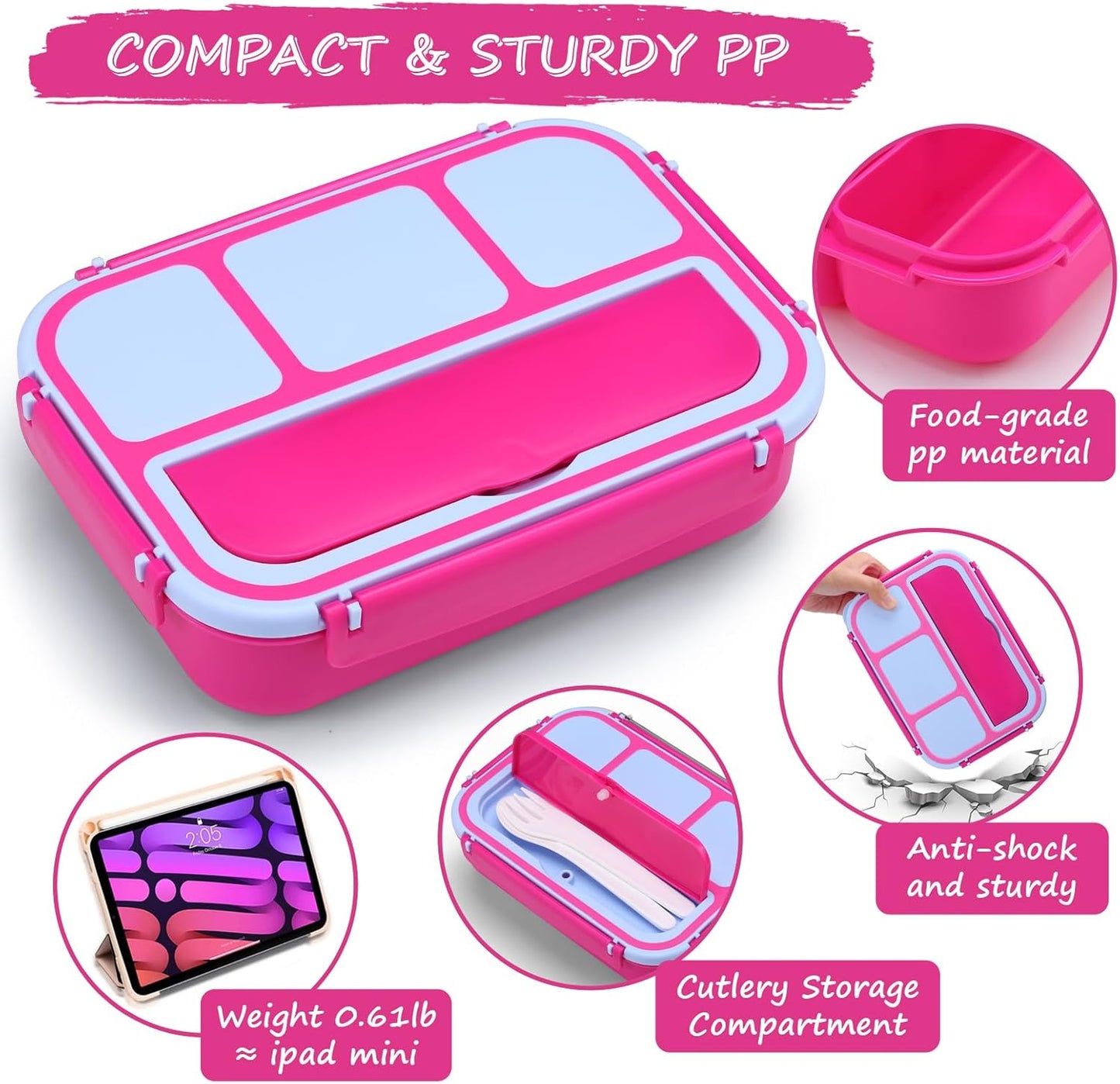 QQKO Bento Lunch Box for Kids Girls Boys, Toddler Kids Lunch Boxes for School, Lunch Containers for Adults with 4 Compartments, Sauce Container, Utensils, Food Picks and Muffin Cups, Purple