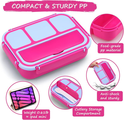 QQKO Bento Lunch Box for Kids Girls Boys, Toddler Kids Lunch Boxes for School, Lunch Containers for Adults with 4 Compartments, Sauce Container, Utensils, Food Picks and Muffin Cups, Purple