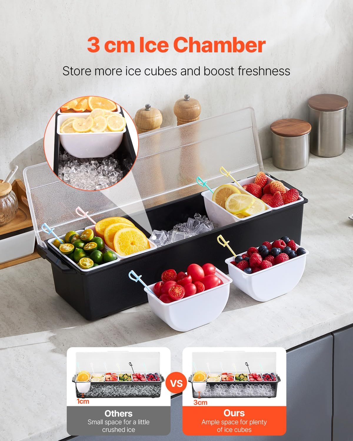 VEVOR Chilled Condiment Server Caddy, 5 Compartment Ice Cooled Serving Container, Plastic Fruit Garnish Tray Platter with Lid, for Taco Salad Bar Accessories, Party Home Restaurant Supplies