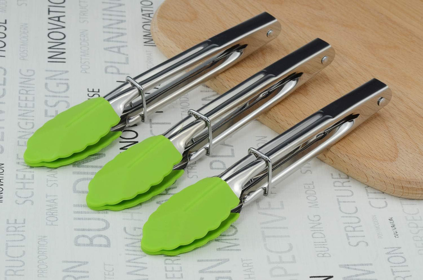 HINMAY Mini Stainless Steel Food Tongs with Silding Rings 7-Inch, Set of 6 | Small Clam Shell Service Tongs for Serving Appetizers, Desserts, Salads, Barbecue and Cooking (Silver)