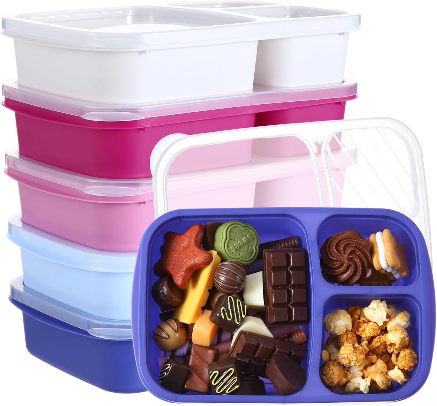 Honeydak 5 Pack Snack Containers 3 Compartment Bento Snack Boxes Divided Meal Prep Containers with Lids Reusable Adults Lunch Food Storage Box for School Work Travel(Elderberry)
