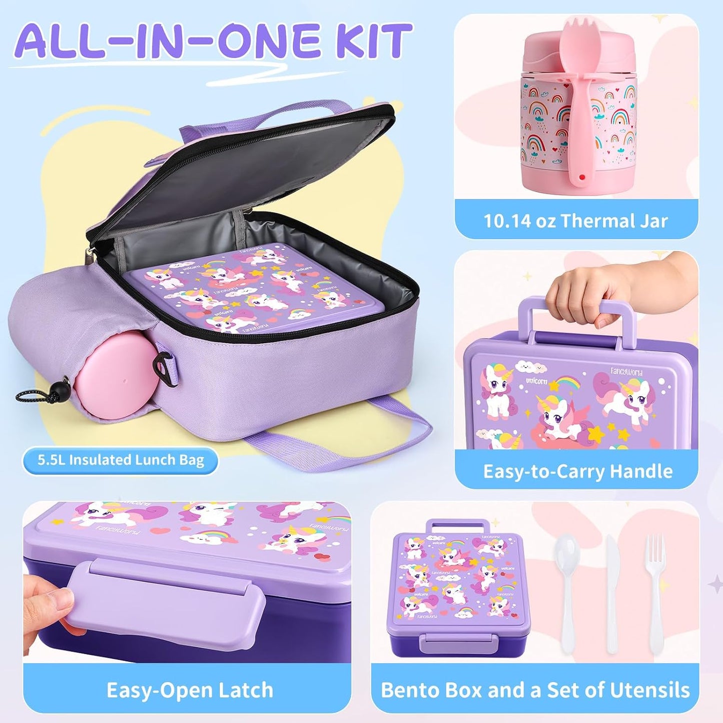 REDSHELL Bento Lunch Box for Kids Set, Leakproof Food Jar Pail with Insulated Bag, Toddler Snack Container Lunchbag for Girls Daycare, Back to School Lunchbox Kit, Includes Bottle Holder Strap, Pink