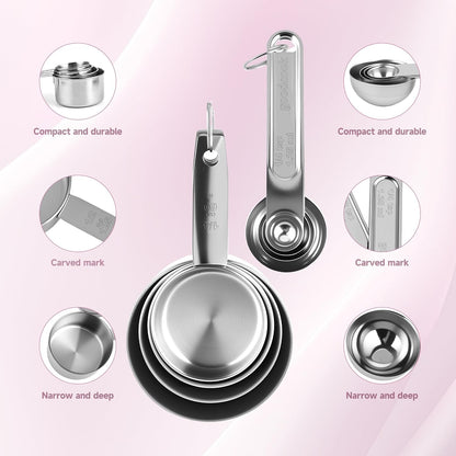 Measuring Cups and Spoons Set,Stainless Steel 8 Piece Nesting Measuring Tools for Dry & Liquid Ingredients, Kitchen Gadgets for Cooking and Baking, Includes 4 Cups and 4 Spoons