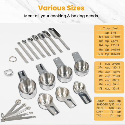 35PCS Stainless Steel Measuring Cups and Spoons Set, 7 Nesting Measuring Cups, Round & Rectangular Spoons with Clear Engraved Markings, 2-Pack Mini Spoon Sets with Leveler for Precise Cooking & Baking