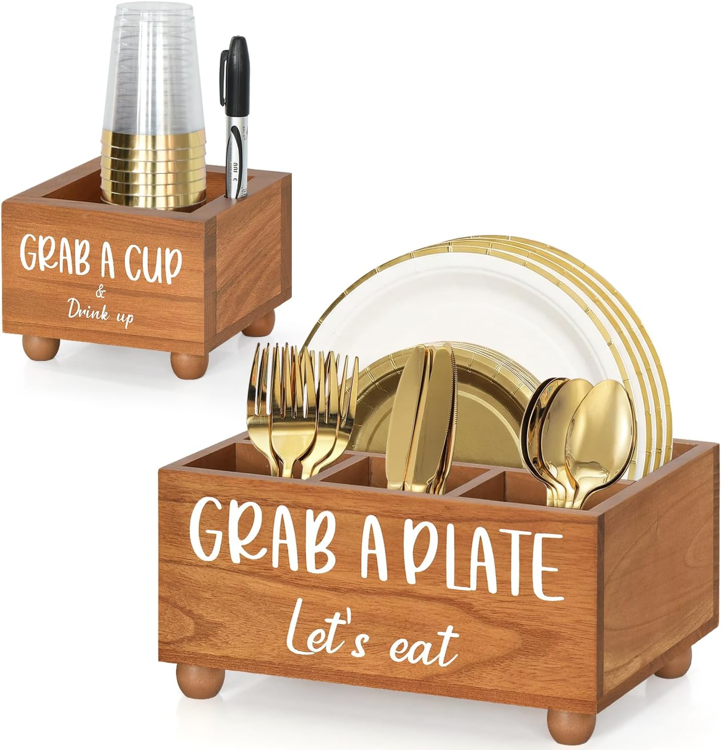 Paper Plate Dispenser and Holder for Kitchen Counter,Multi Utensil Caddy with Large Cup Holder,Paper Plate Organizer for Countertop,Cutlery Flatware Napkin Silverware Holder for Party,Kitchen