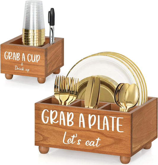 Paper Plate Dispenser and Holder for Kitchen Counter,Multi Utensil Caddy with Large Cup Holder,Paper Plate Organizer for Countertop,Cutlery Flatware Napkin Silverware Holder for Party,Kitchen