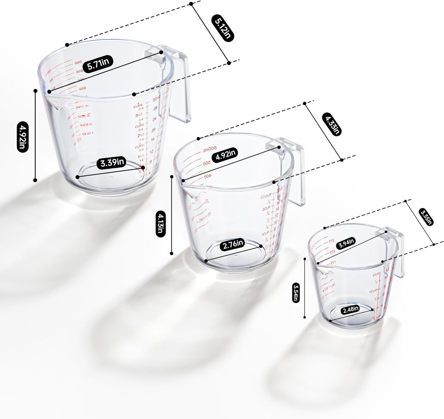 Measuring Cups, Plastic Measuring Cups Set of 3-1000ml, 600ml, 300ml with Spout & Easy-Pour Design, Leak-Proof, Cooking, Baking, Liquid & Dry Ingredients, (ML/OZ/CUP)