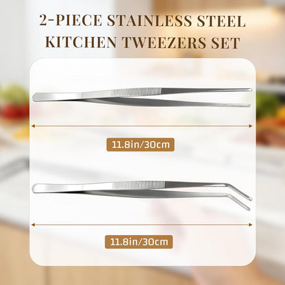 Stainless Steel Tweezers Tongs Set of 2, Kitchen Cooking Utensils, Straight and Bent Tip 11.8″ for Serving, Chef Tools
