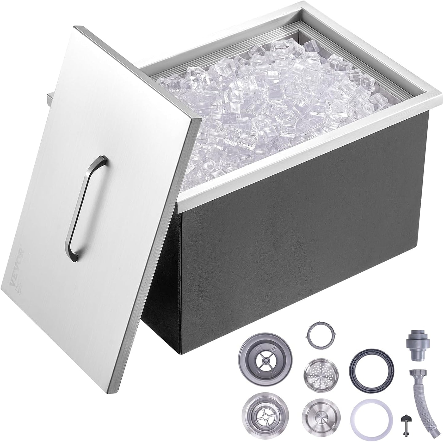 Happybuy Drop in Ice Chest 18L x 12W x 14.5H Inch Stainless Steel Ice Cooler with Sliding Cover Drop in Ice Bin Included Drain-Pipe and Drain Plug for Cold Wine Beer
