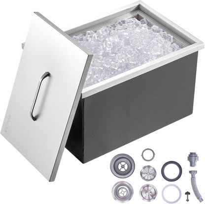 Happybuy Drop in Ice Chest 18L x 12W x 14.5H Inch Stainless Steel Ice Cooler with Sliding Cover Drop in Ice Bin Included Drain-Pipe and Drain Plug for Cold Wine Beer